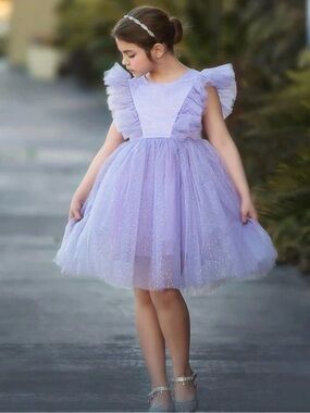 Girls Sparkle Lavender Tulle Party Dress with Ruffle Sleeves 8